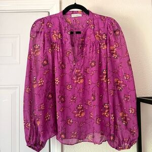 ULLA JOHNSON magenta purple floral silk puff long sleeve blouse shirt top